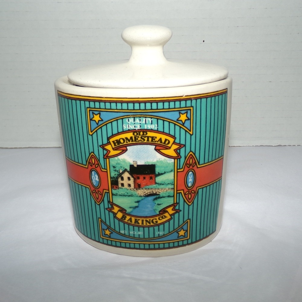 Old Homestead Baking Co Vintage Ceramic small Jar with Lid Hermitage 3.5in